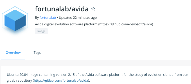 Docker image of Avida digital evolution software platform